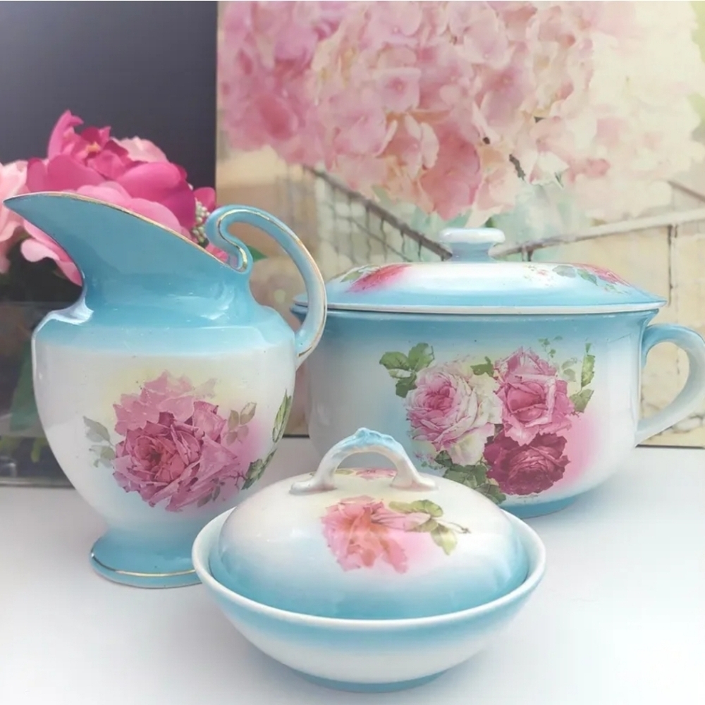Antique Victorian Chamber Pot Wash Set Blue Floral Bathroom Decor England